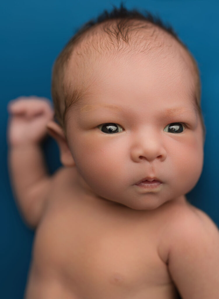 Wide awake newborn looking at camera during Sandy Springs, GA newborn photography session